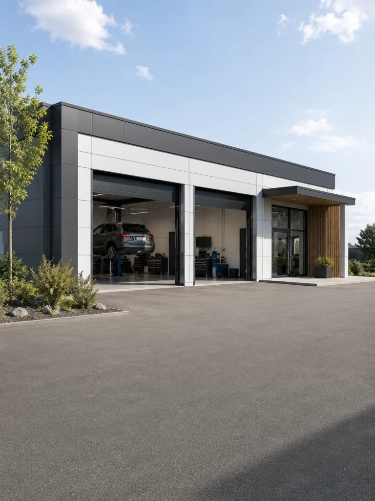 Garage automobile moderne de jour, deux baies ouvertes sur l'atelier avec SUV sur pont et entree vitree a bardage bois