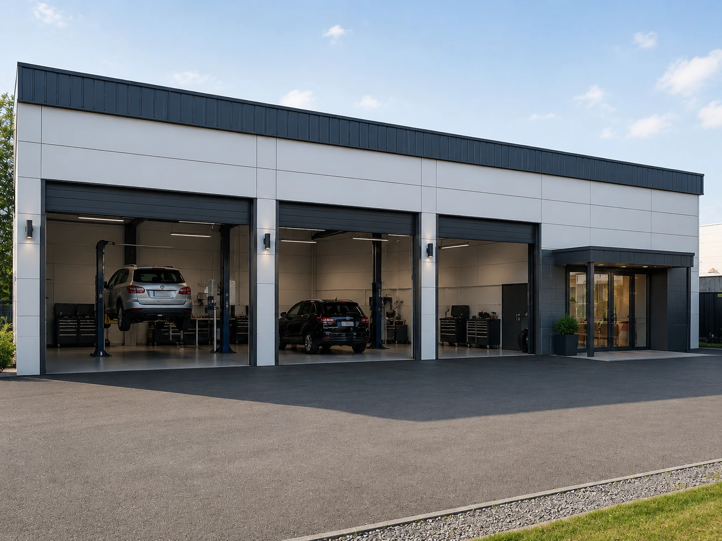 Garage automobile moderne en journee, trois baies ouvertes sur l'atelier avec voitures sur ponts et entree vitree