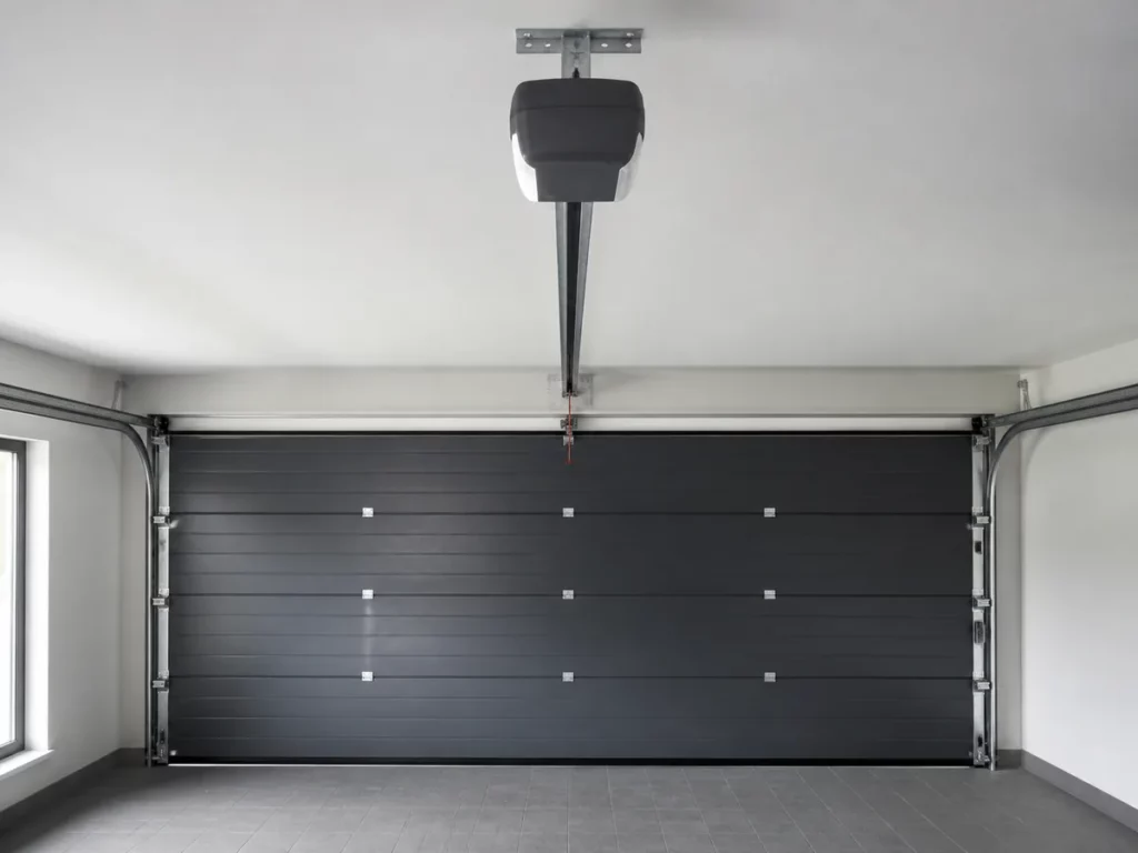 Moteur de porte de garage suspendu au plafond avec son rail de traction