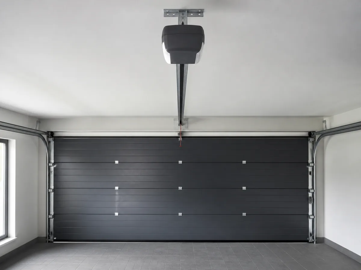 Moteur de porte de garage suspendu au plafond avec son rail de traction