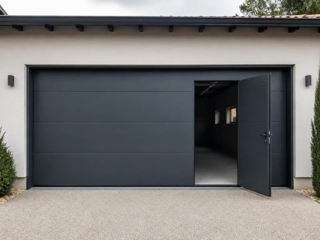 Portillon piéton intégré ouvert dans une porte de garage sectionnelle