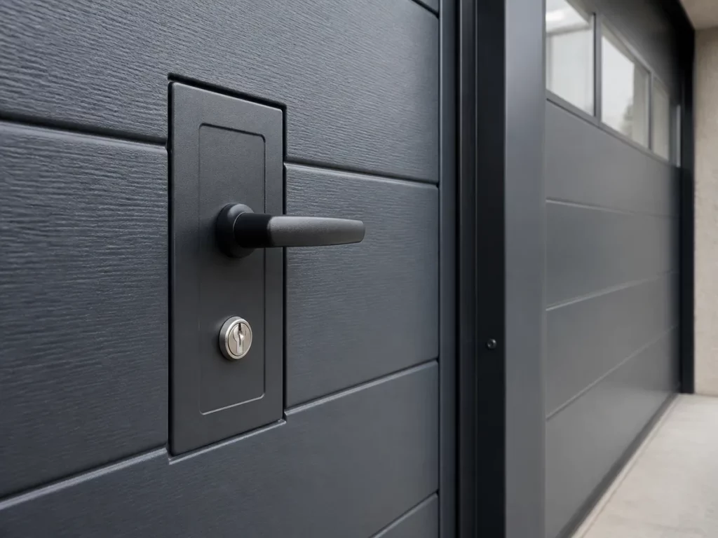 Serrure du portillon intégré dans un panneau gris anthracite