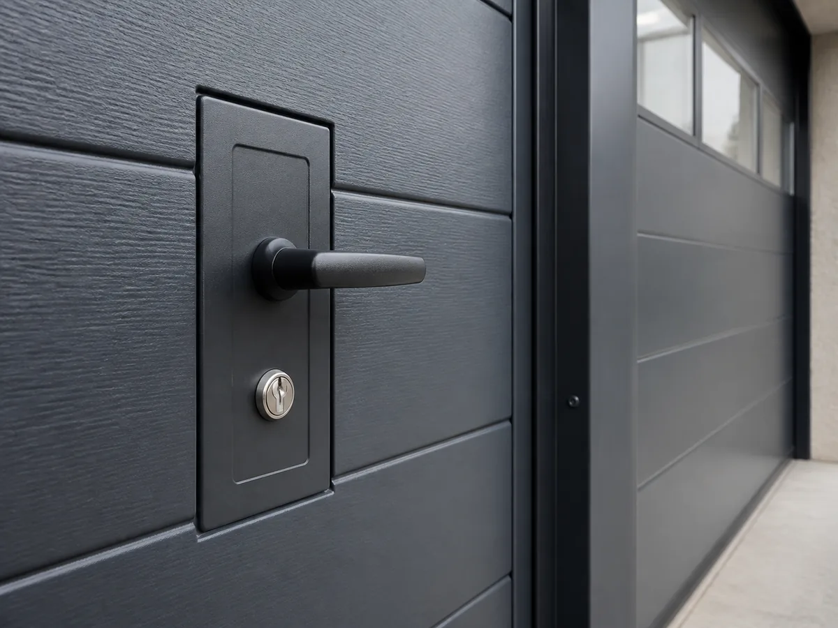 Serrure du portillon intégré dans un panneau gris anthracite