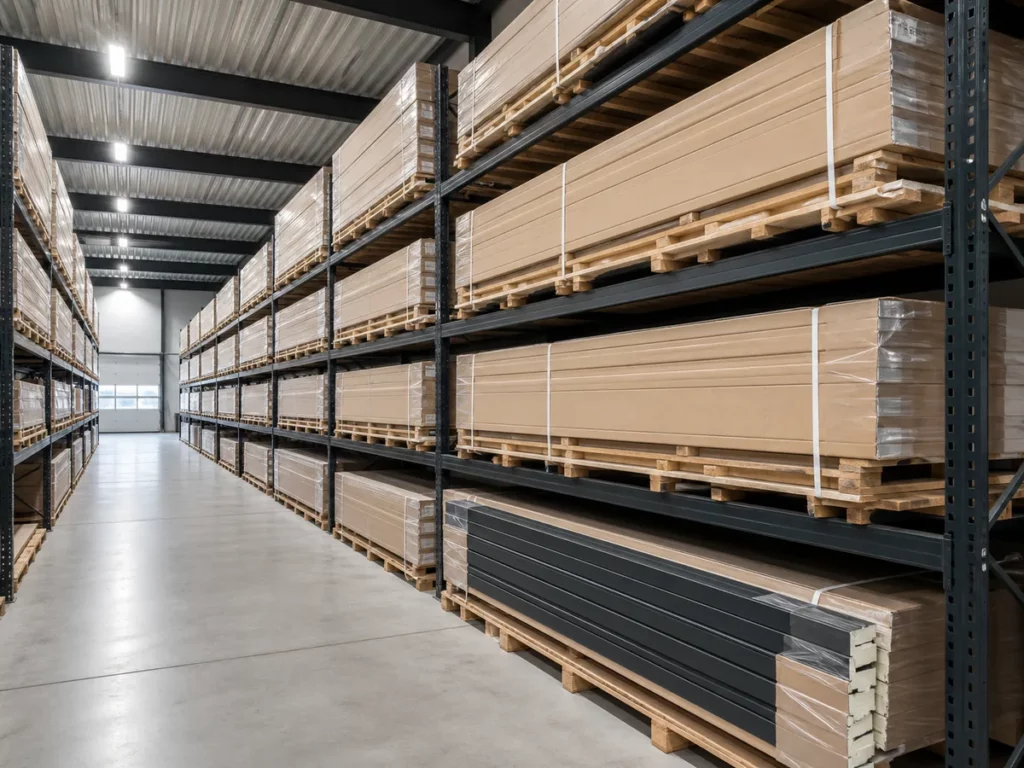 Stock d'un fabricant porte de garage sectionnelle : portes sectionnelles en entrepôt avant expédition