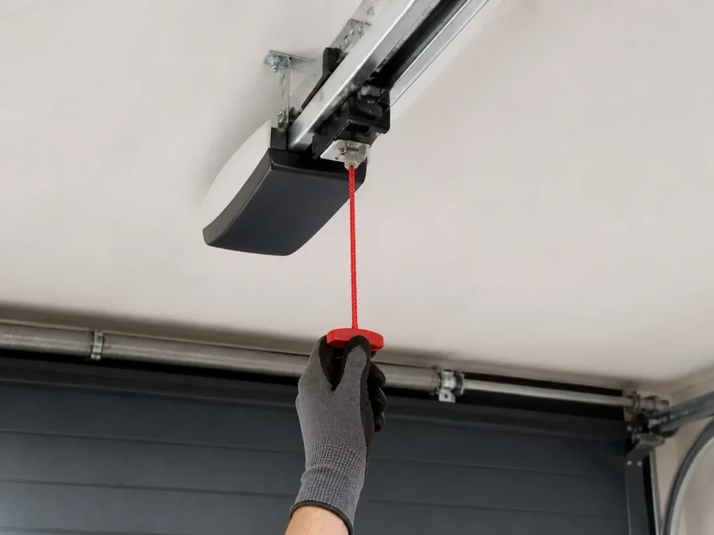 Poignée rouge de déverrouillage de secours du chariot d'un moteur de porte de garage