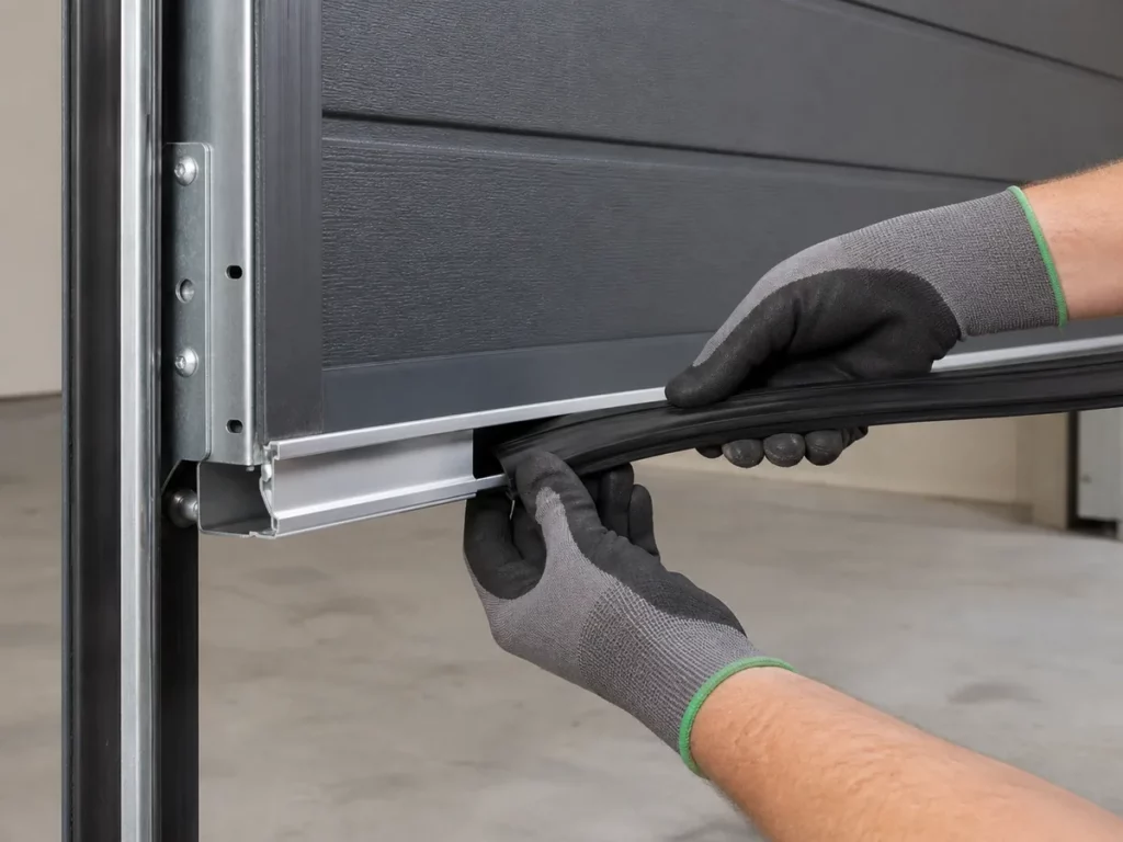Pose d'un joint d'étanchéité neuf dans le profil du panneau bas d'une porte de garage