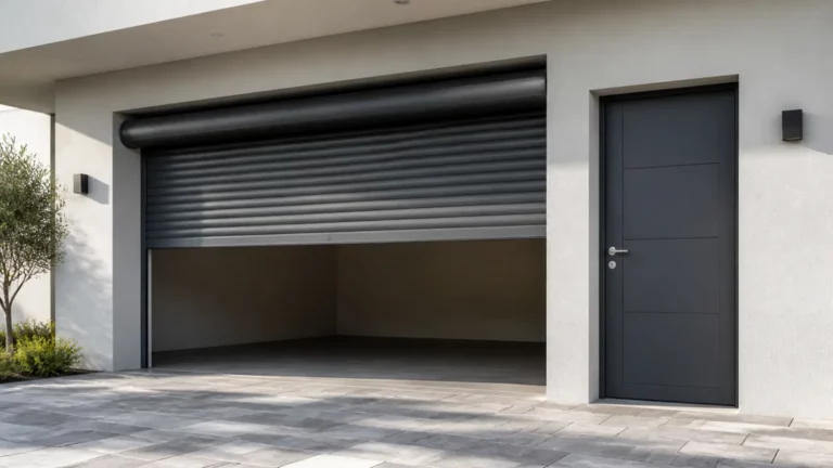 Porte de garage enroulable anthracite avec porte piétonne indépendante adjacente
