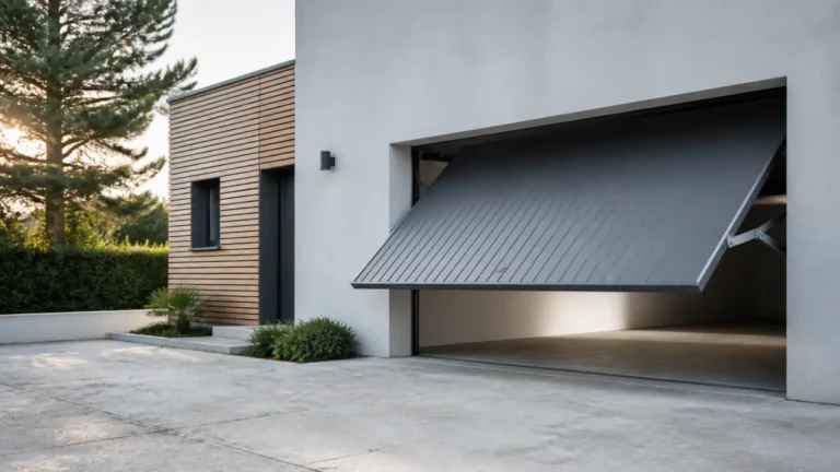 Porte de garage basculante monobloc anthracite à mi-ouverture