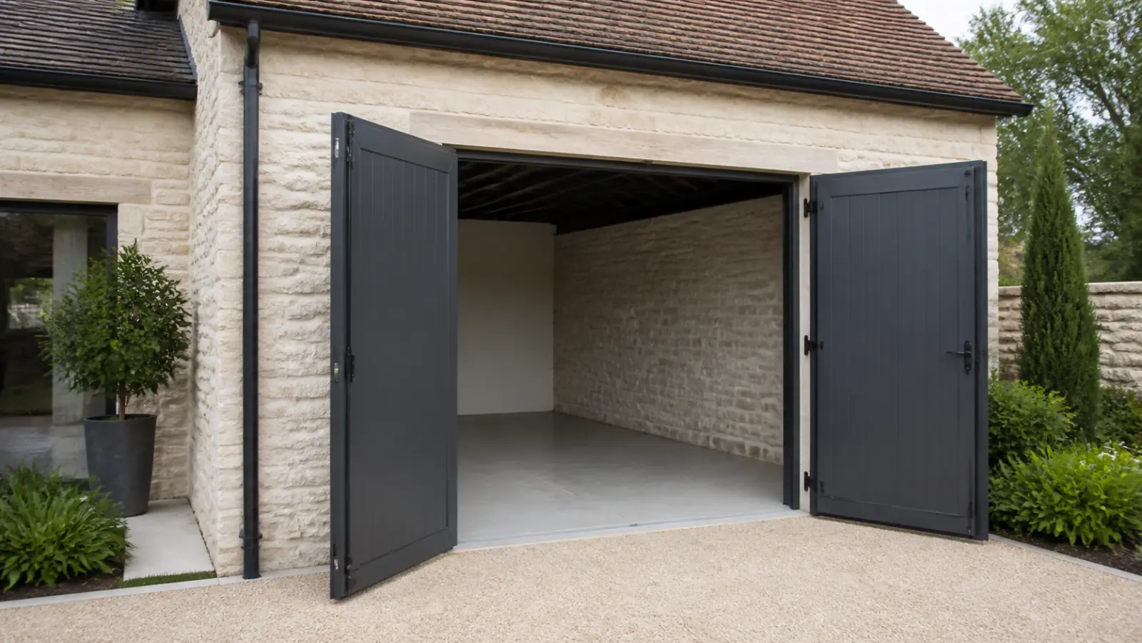 Porte de garage battante anthracite à deux vantaux ouverts vers l’extérieur