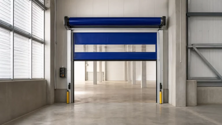 Porte rapide industrielle souple bleue à enroulement dans un entrepôt