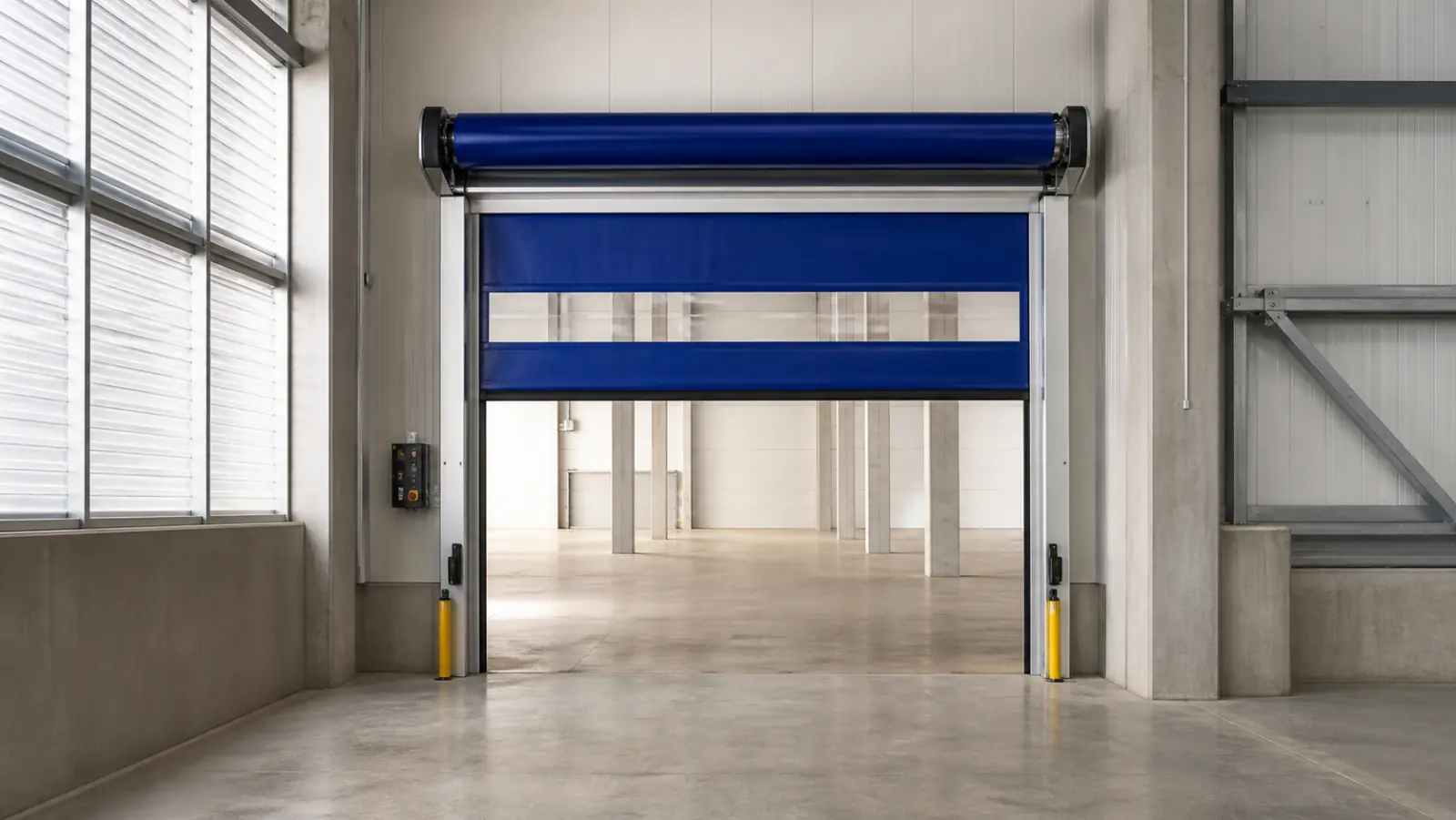 Porte rapide industrielle souple bleue à enroulement dans un entrepôt