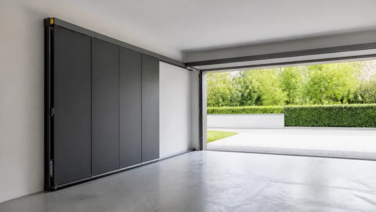 Porte de garage sectionnelle latérale anthracite ouverte le long du mur