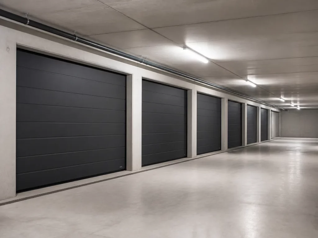 Rangée de portes de garage sectionnelles en sous-sol de copropriété