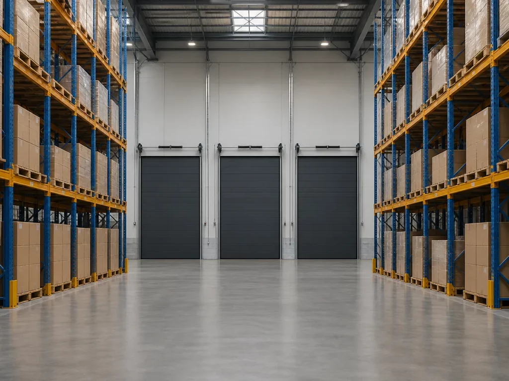 Trois portes sectionnelles industrielles alignées dans un entrepôt logistique
