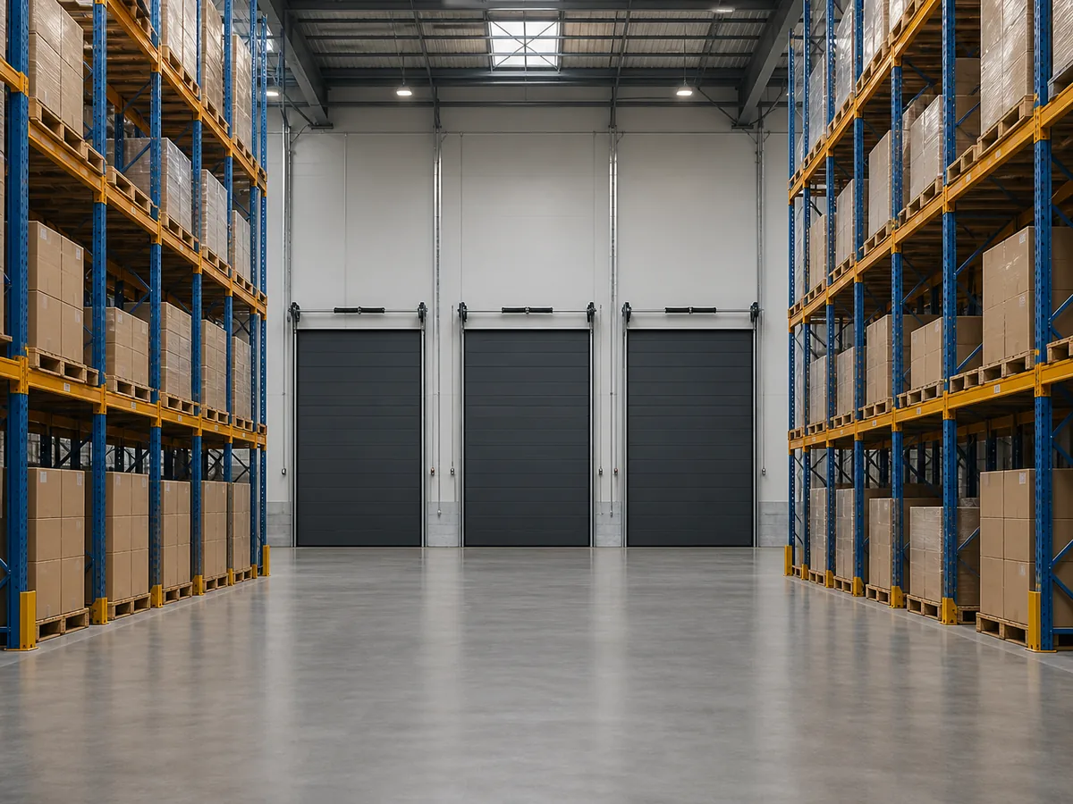 Trois portes sectionnelles industrielles alignées dans un entrepôt logistique