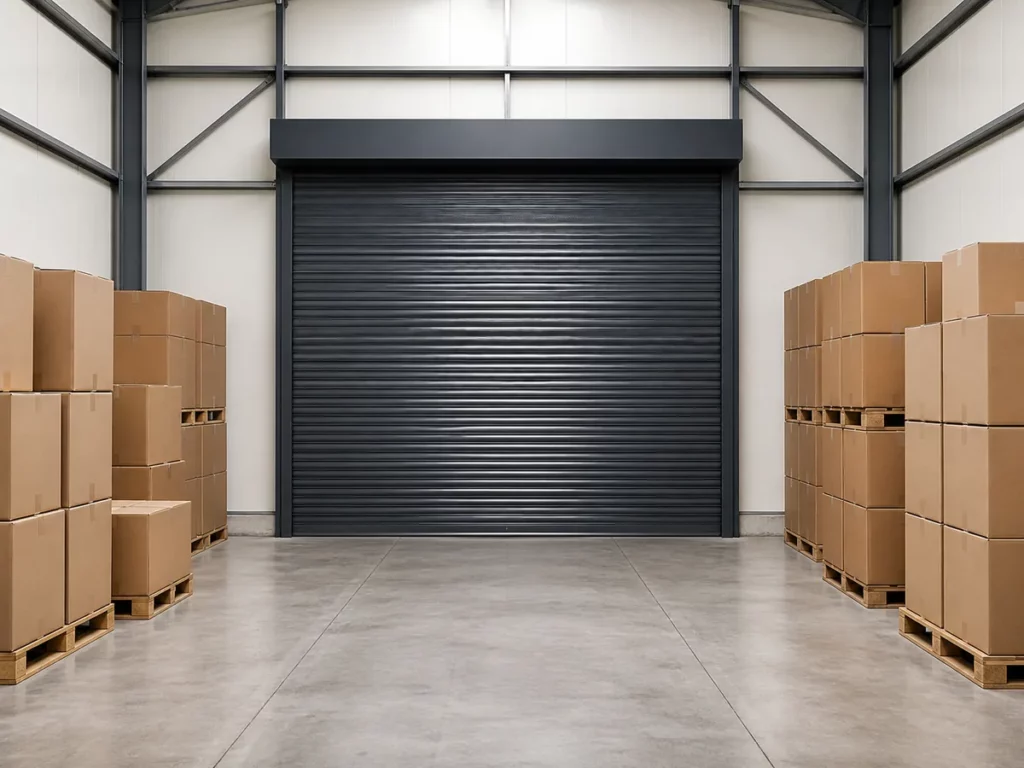 Rideau métallique fermé dans un local de stockage professionnel