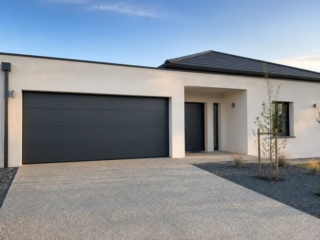 Porte de garage sectionnelle gris anthracite sur une maison individuelle contemporaine