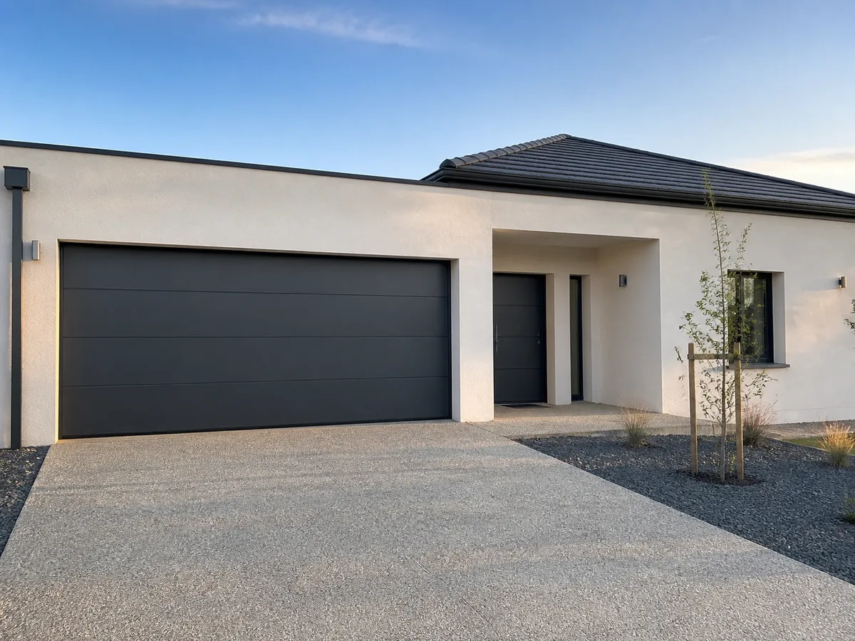 Porte de garage sectionnelle gris anthracite sur une maison contemporaine