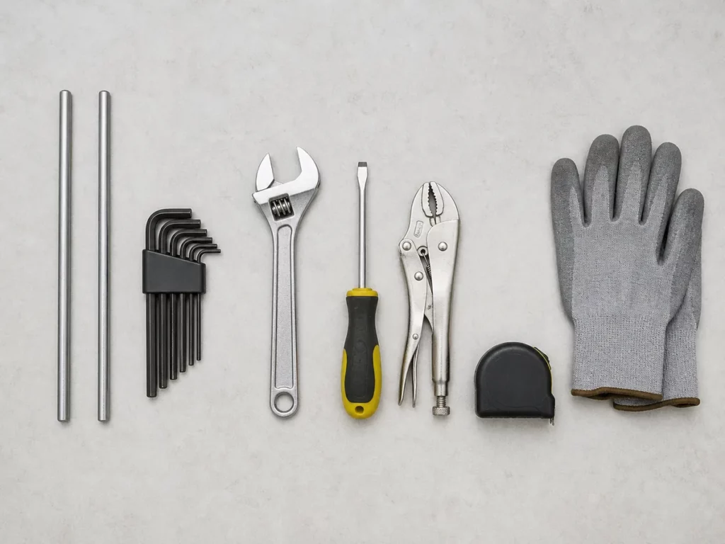 Outils de dépannage de porte de garage alignés sur un établi, barres de tension et clés Allen