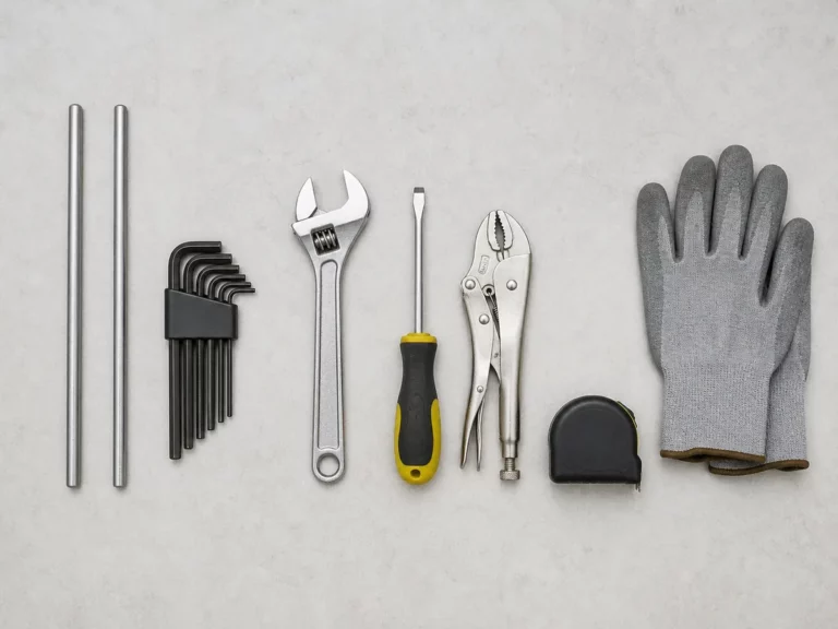 Outils de dépannage de porte de garage alignés sur un établi, barres de tension et clés Allen