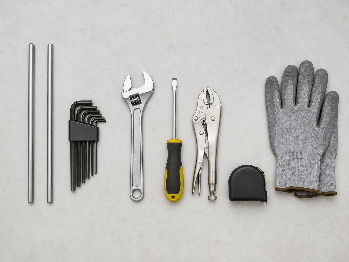 Outils de dépannage de porte de garage alignés sur un établi, barres de tension et clés Allen