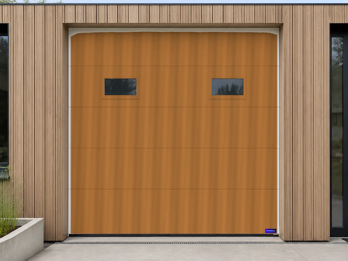 Porte de garage sectionnelle finition chêne doré avec hublots