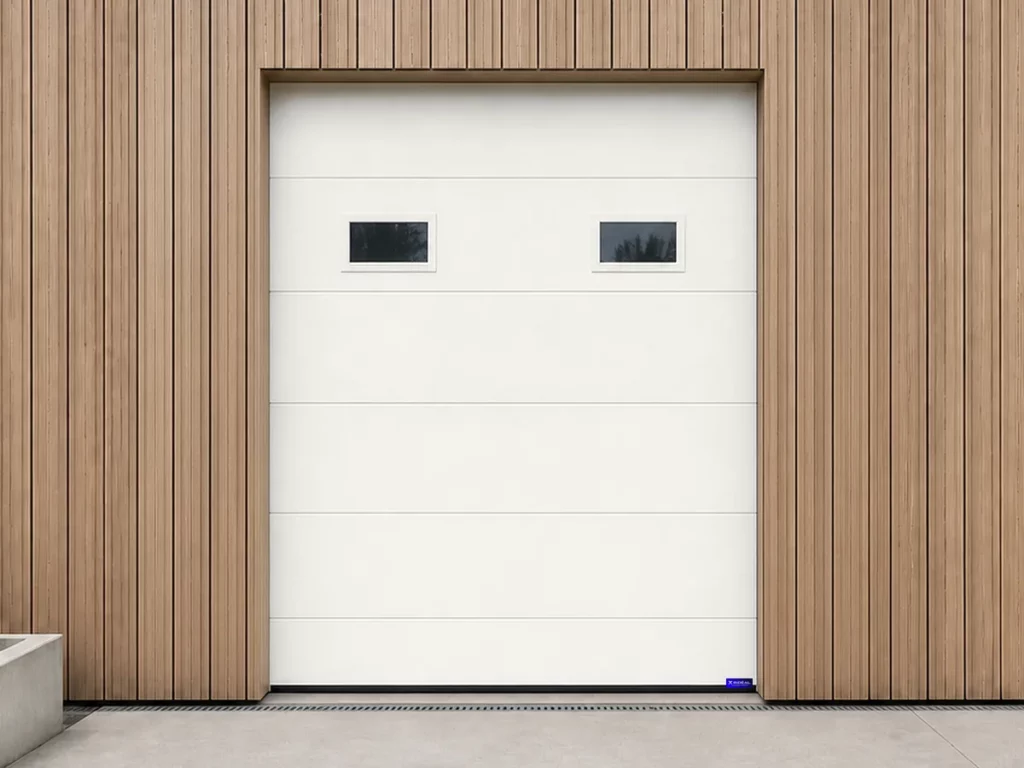 Porte de garage sectionnelle à hublots rectangulaires, blanc pur RAL 9016