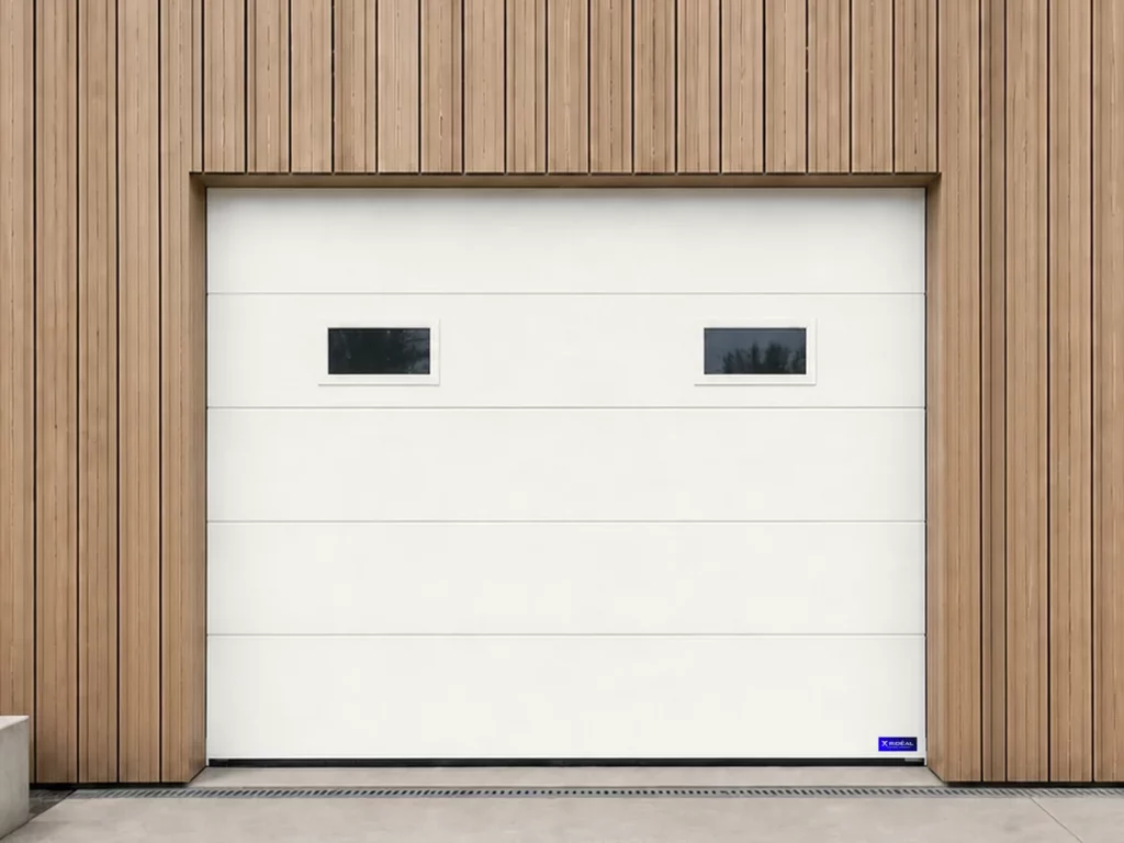 Porte de garage sectionnelle à hublots rectangulaires, blanc pur RAL 9016