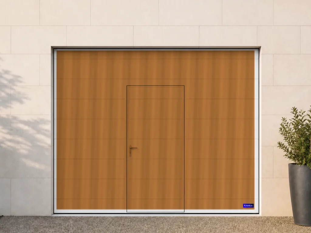 Porte de garage sectionnelle avec portillon intégré, décor chêne doré