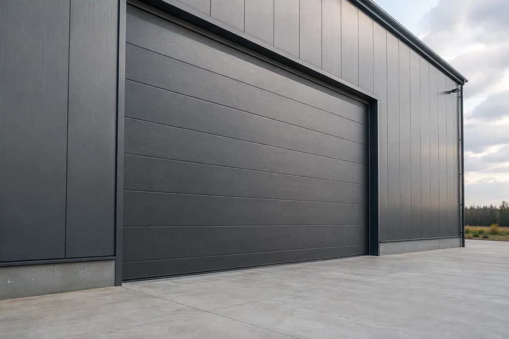 Grande porte sectionnelle industrielle anthracite sur un hangar à bardage métallique gris