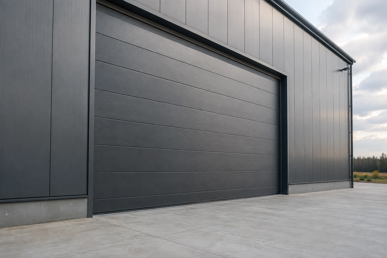 Grande porte sectionnelle industrielle anthracite sur un hangar à bardage métallique gris