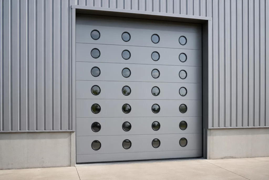Porte sectionnelle industrielle grise à hublots ronds sur un bâtiment à bardage métallique