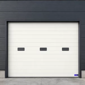 Porte sectionnelle industrielle à hublots rectangulaires, blanc pur RAL 9016
