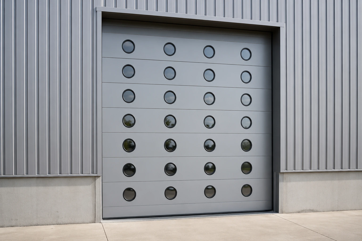 Porte sectionnelle industrielle grise à hublots ronds sur un bâtiment à bardage métallique