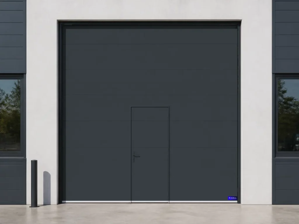 Porte sectionnelle industrielle avec portillon intégré, gris anthracite RAL 7016