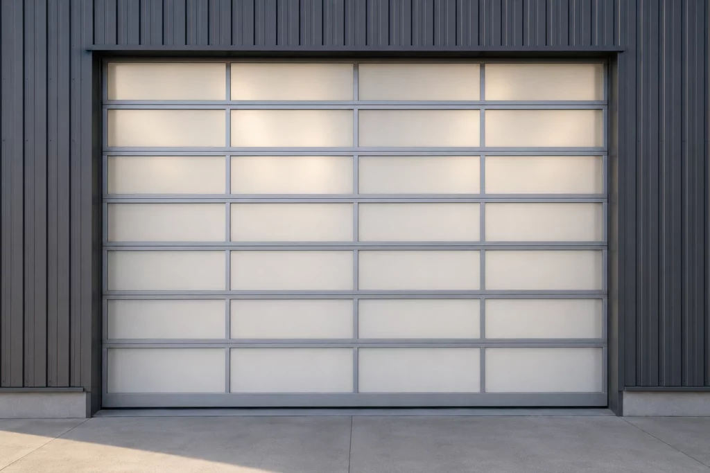 Porte sectionnelle vitrée à cadres aluminium et panneaux translucides sur une façade anthracite