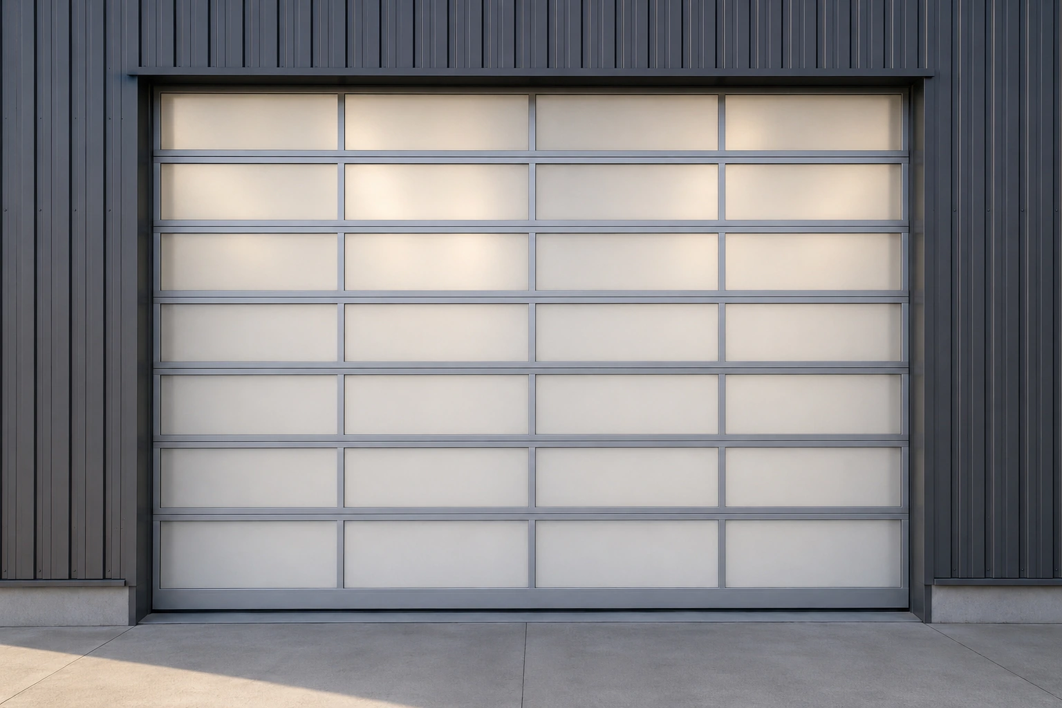 Porte sectionnelle vitrée à cadres aluminium et panneaux translucides sur une façade anthracite