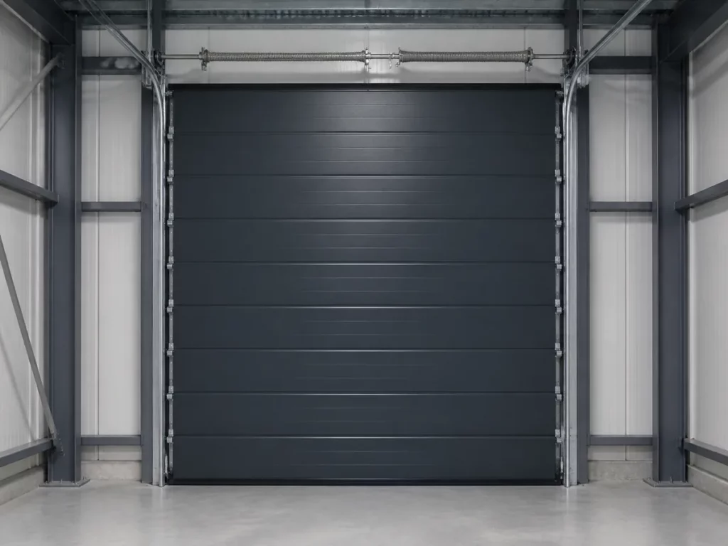 Porte sectionnelle industrielle gris anthracite de trois mètres par trois fermée dans un atelier