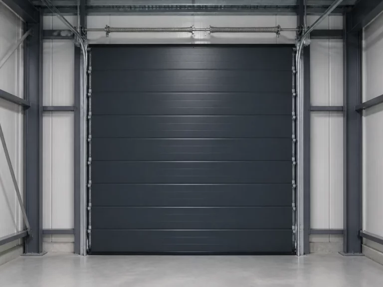 Porte sectionnelle industrielle gris anthracite de trois mètres par trois fermée dans un atelier