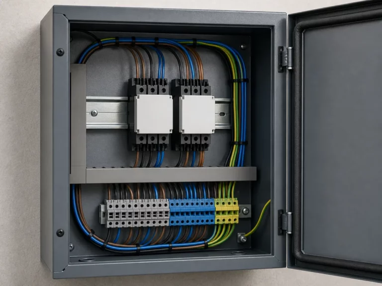 Intérieur d'un coffret de commande de rideau métallique, bornier raccordé