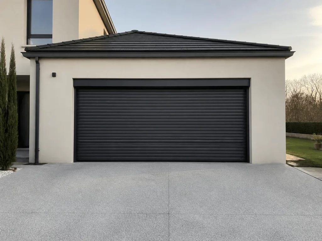 Rideau métallique gris anthracite en façade de garage d'une maison individuelle