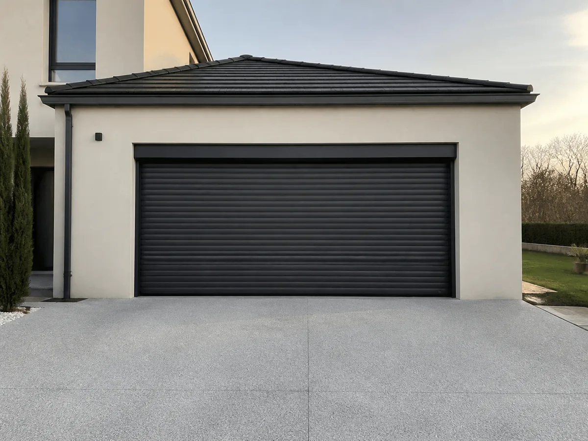 Rideau métallique gris anthracite en façade de garage d'une maison individuelle
