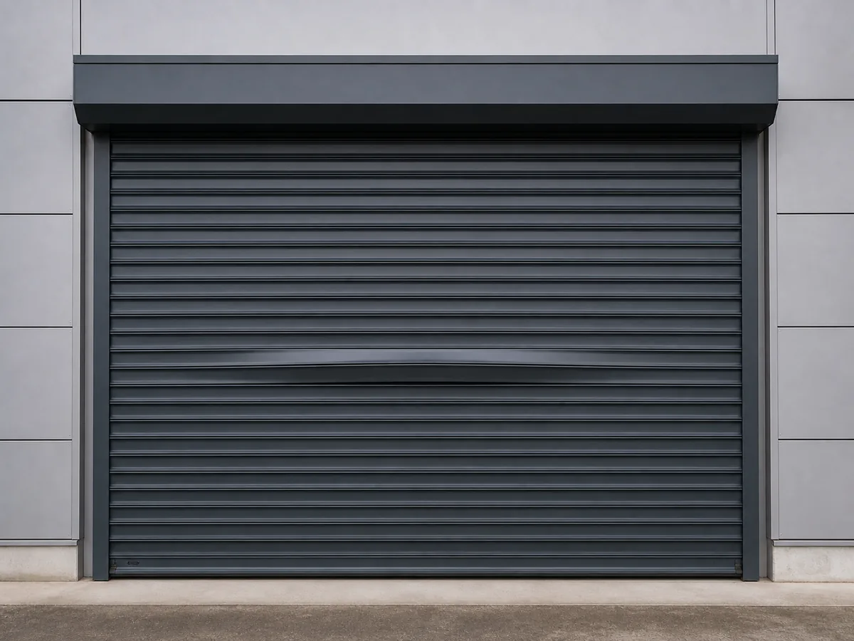 Tablier de rideau métallique gris anthracite avec une lame voilée en son milieu