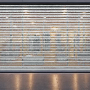 Rideau métallique à lames micro-perforées, finition galvanisée