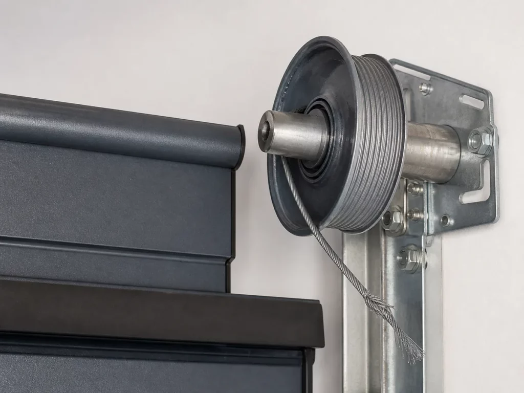 Câble d'acier de porte de garage détendu et sorti de son tambour conique, torons effilochés