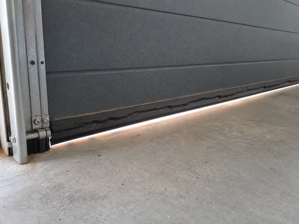 Joint d'étanchéité de bas de porte de garage écrasé et fendu, filet de lumière visible dessous