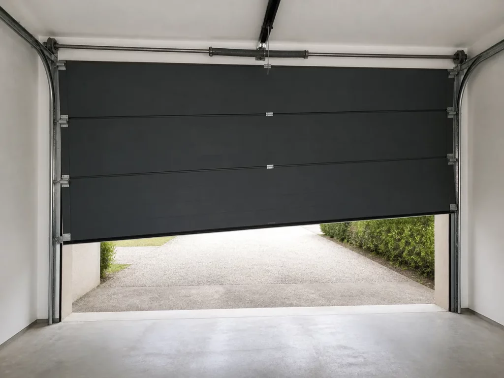Porte de garage sectionnelle arrêtée de travers en position haute, signe d'un câble sorti de son tambour